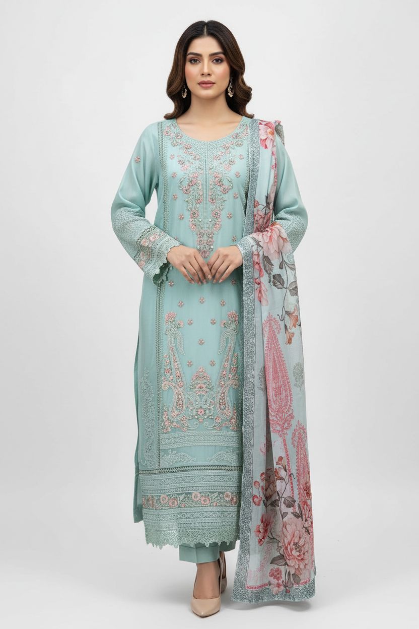 Maria B Inspired Embroidered Light Blue Chiffon Stitched 3pc - RW3-30