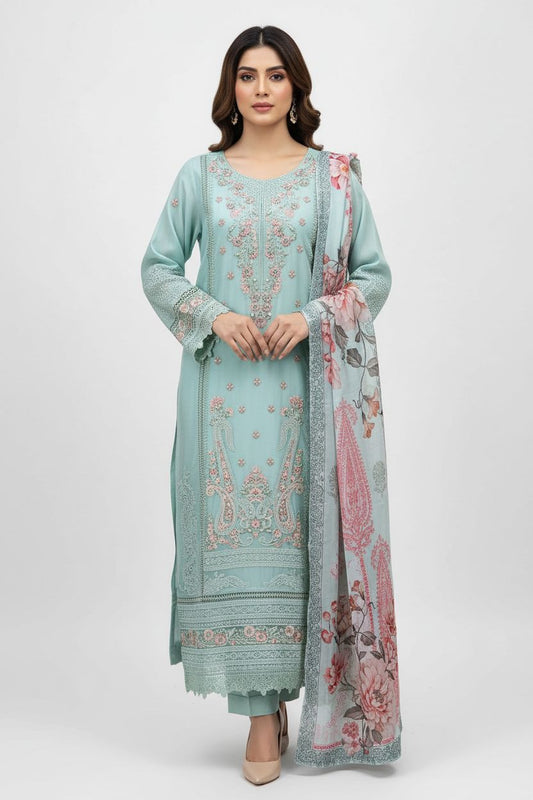 Maria B Inspired Embroidered Light Blue Chiffon Stitched 3pc - RW3-30