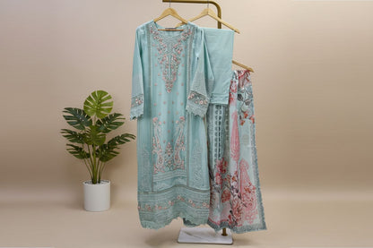 Maria B Inspired Embroidered Light Blue Chiffon Stitched 3pc - RW3-30