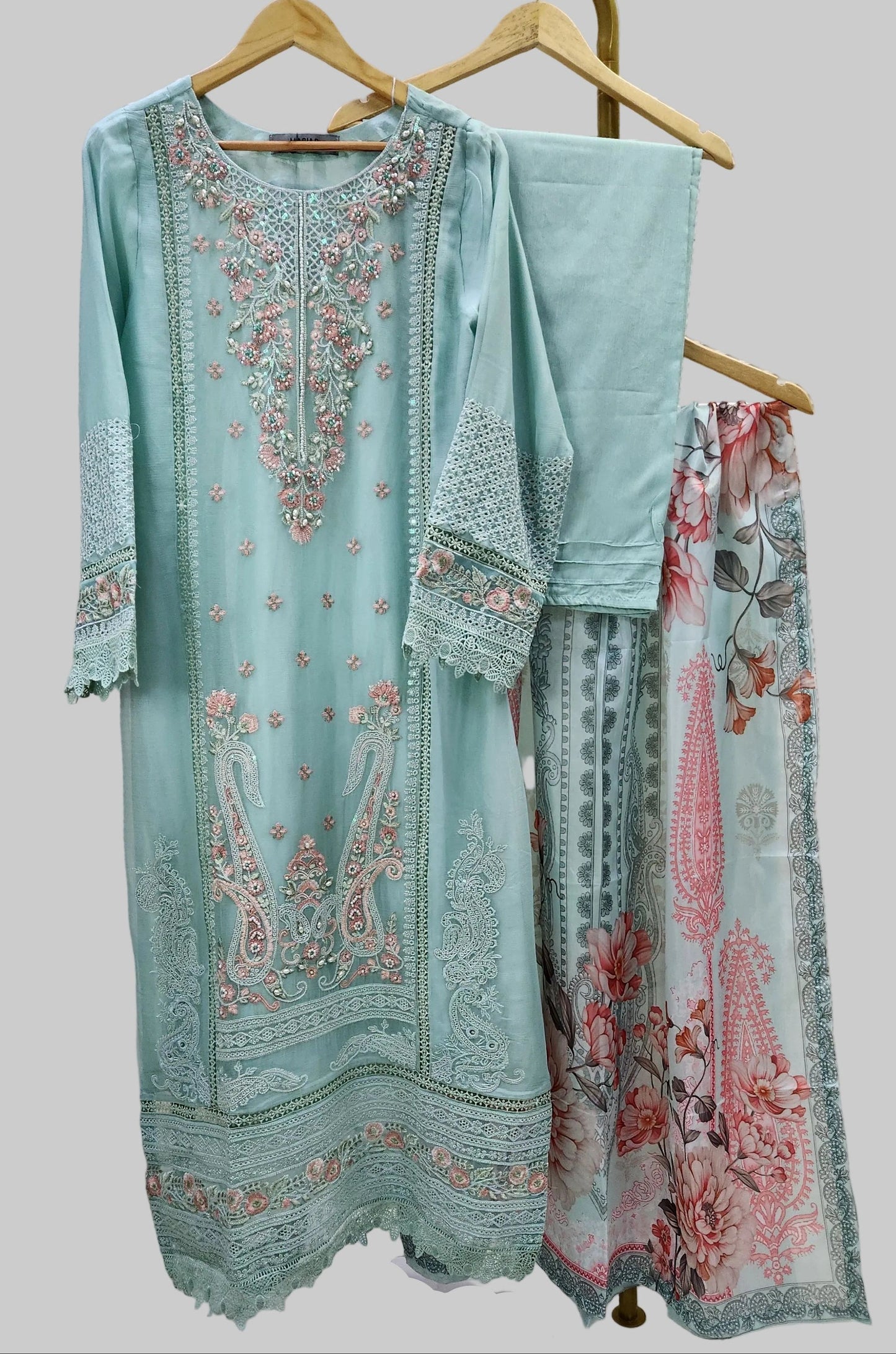 Maria B Inspired Embroidered Light Blue Chiffon Stitched 3pc - RW3-30