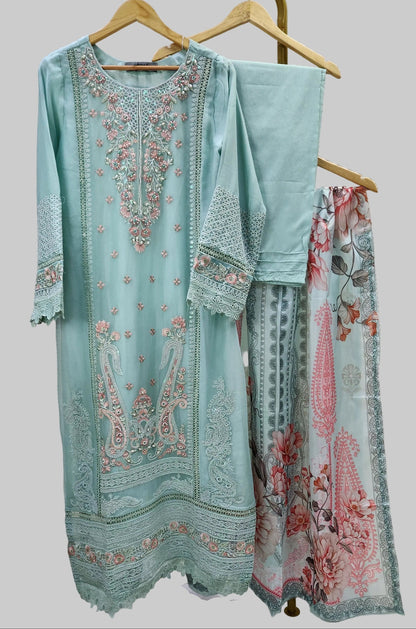 Maria B Inspired Embroidered Light Blue Chiffon Stitched 3pc - RW3-30