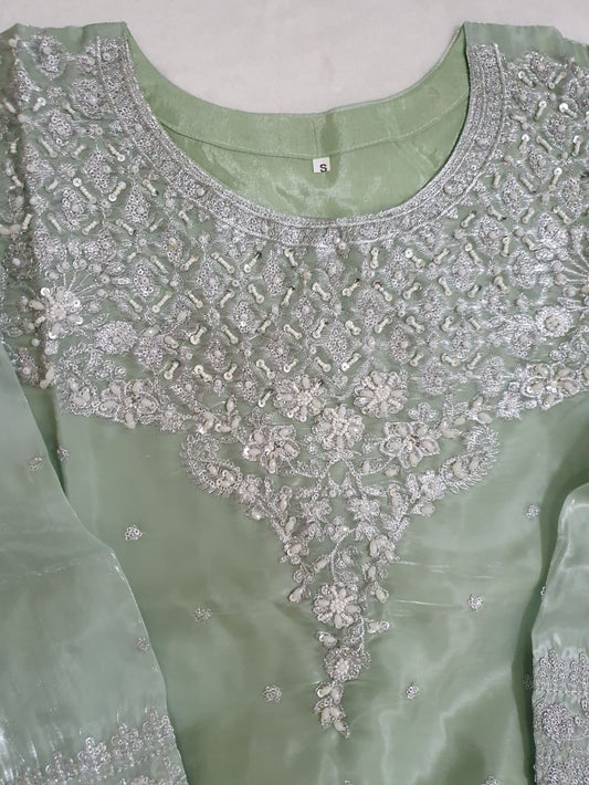 Green Embroidered Sheesha Silk Palazzo Suit – Stitched 3pc-RW3- 230