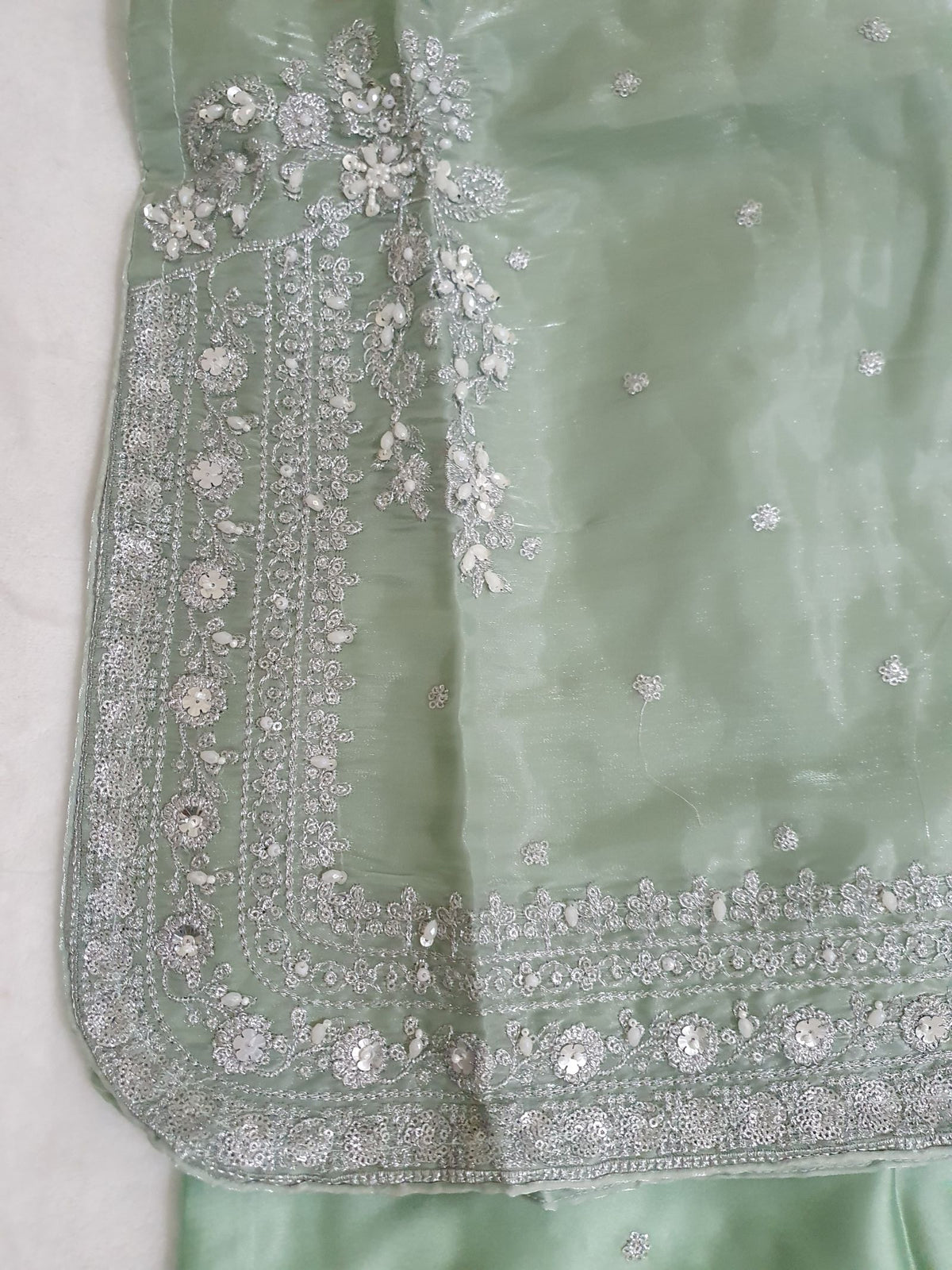 Green Embroidered Sheesha Silk Palazzo Suit – Stitched 3pc-RW3- 230