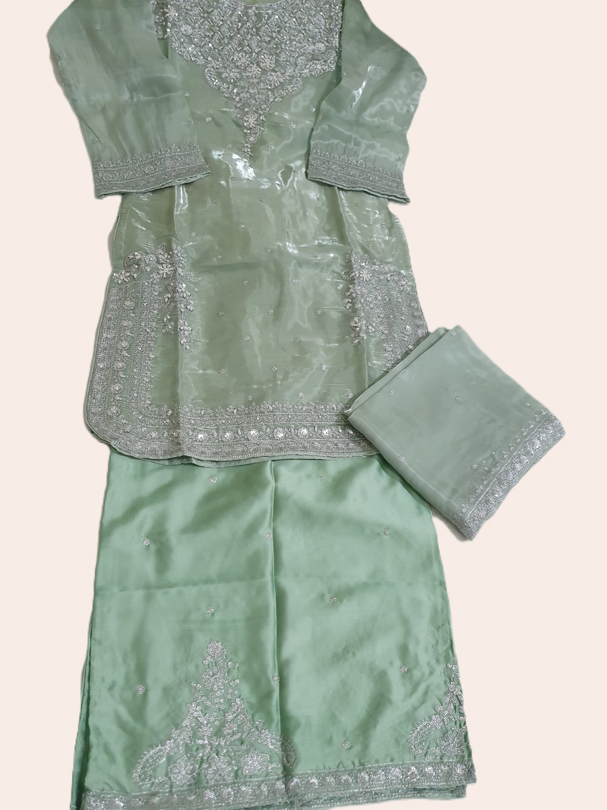 Green Embroidered Sheesha Silk Palazzo Suit – Stitched 3pc-RW3- 230
