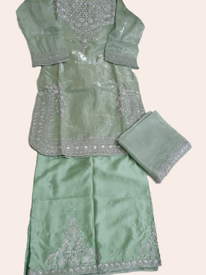 Green Embroidered Sheesha Silk Palazzo Suit – Stitched 3pc-RW3- 230