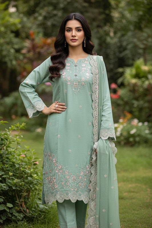 Emboridered Green Silk stitched 3pc-RW3-71