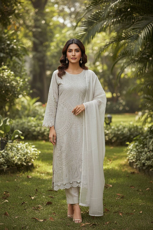 Embroidered lawn 3pc with thread and Schiffli work - Grey traditional 3pc