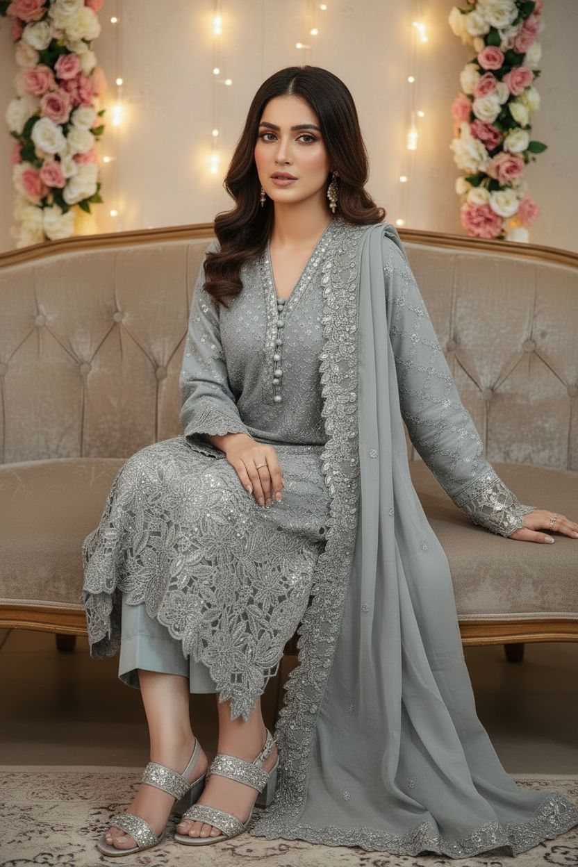 Maria B Inspired Grey Embellished Chiffon – Stitched 3pc-RW3-81