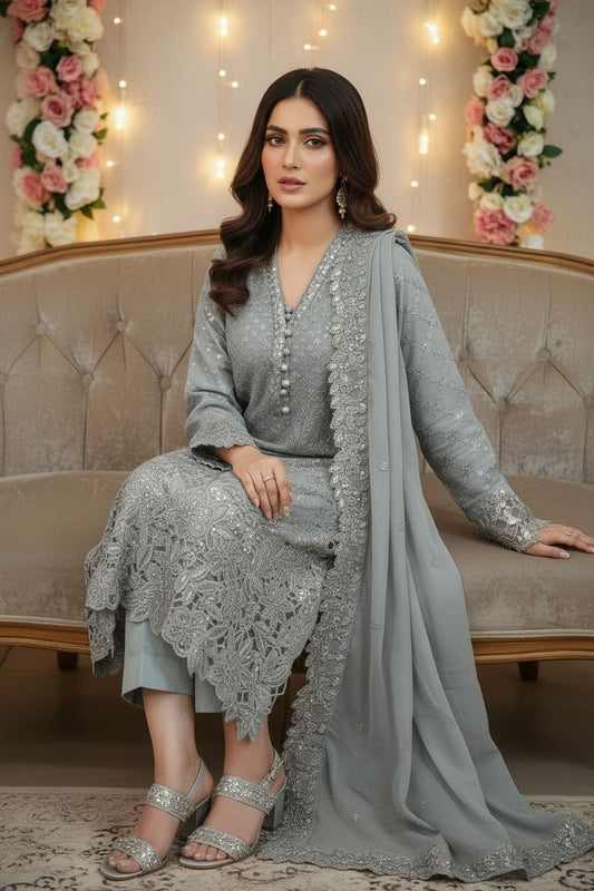 Maria B Inspired Grey Embellished Chiffon – Stitched 3pc-RW3-81