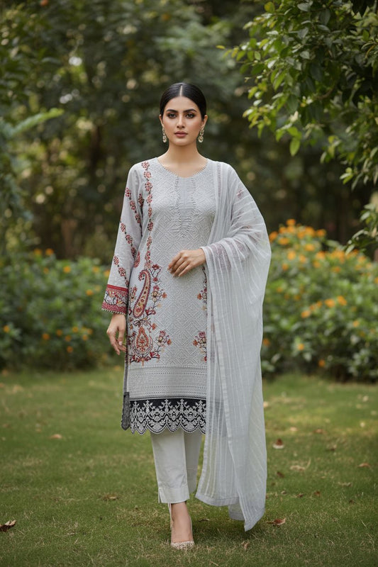 Embroidered lawn 3pc with Schiffli work - Grey and red thread embroidery