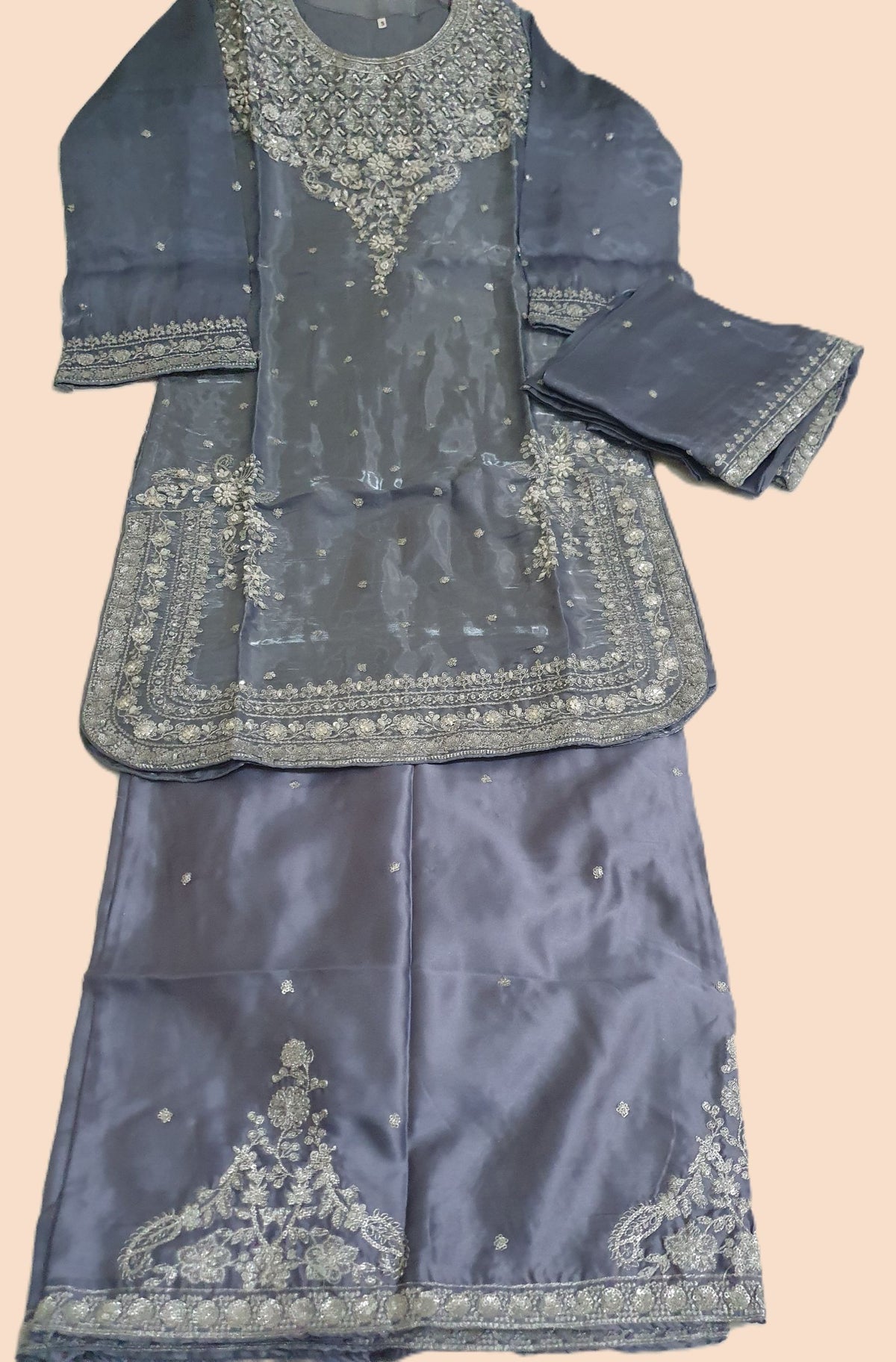 Grey Embroidered Sheesha Silk Palazzo Suit – Stitched 3pc-RW3- 228
