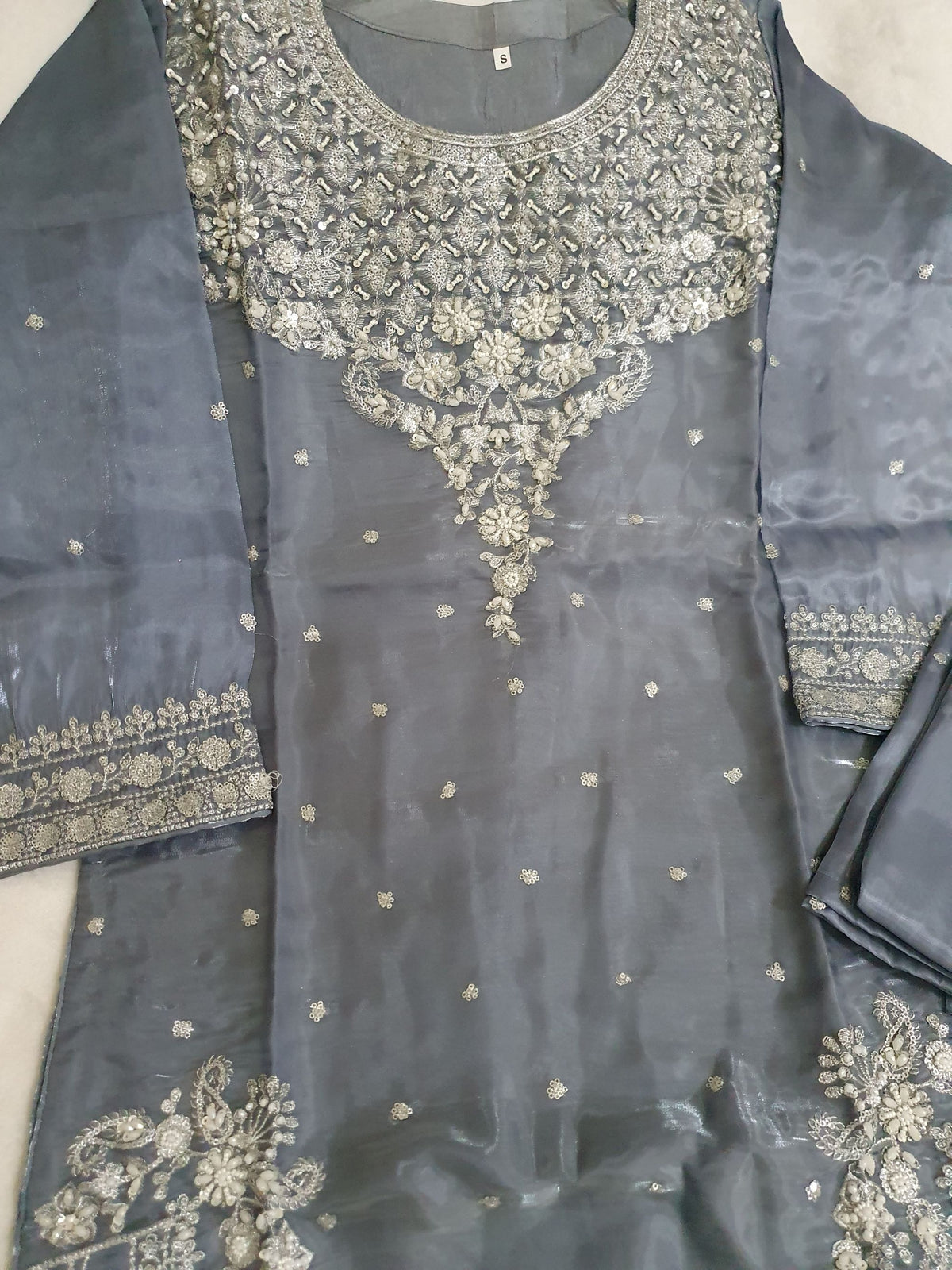 Grey Embroidered Sheesha Silk Palazzo Suit – Stitched 3pc-RW3- 228