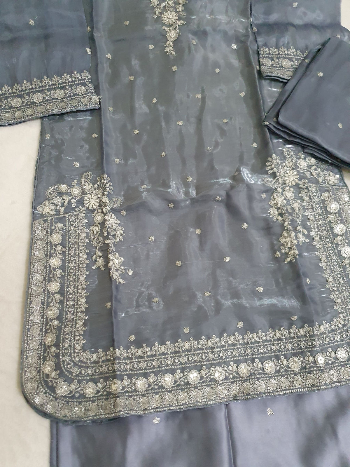 Grey Embroidered Sheesha Silk Palazzo Suit – Stitched 3pc-RW3- 228