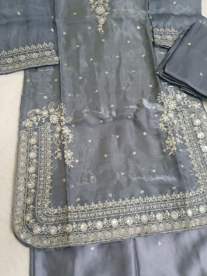 Grey Embroidered Sheesha Silk Palazzo Suit – Stitched 3pc-RW3- 228