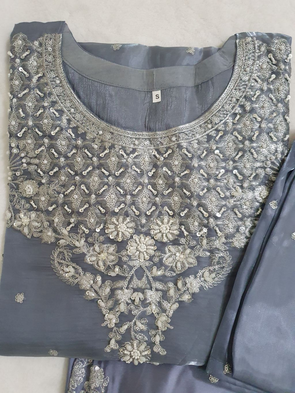 Grey Embroidered Sheesha Silk Palazzo Suit – Stitched 3pc-RW3- 228