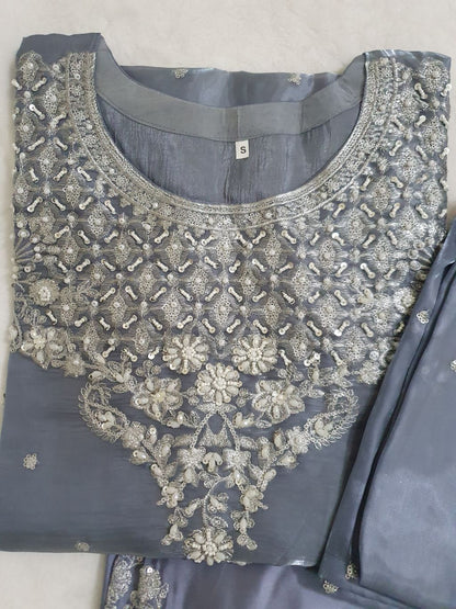 Grey Embroidered Sheesha Silk Palazzo Suit – Stitched 3pc-RW3- 228
