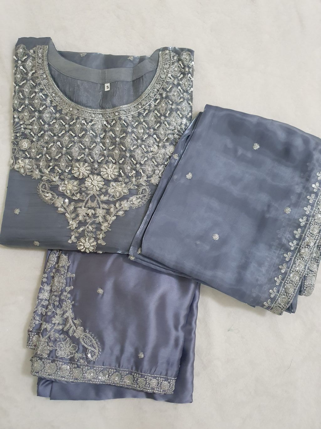 Grey Embroidered Sheesha Silk Palazzo Suit – Stitched 3pc-RW3- 228