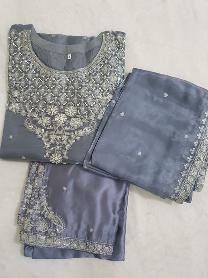 Grey Embroidered Sheesha Silk Palazzo Suit – Stitched 3pc-RW3- 228