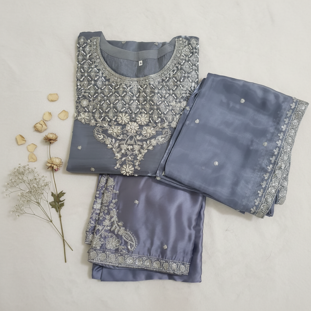 Grey Embroidered Sheesha Silk Palazzo Suit – Stitched 3pc-RW3- 228