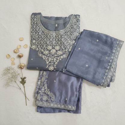 Grey Embroidered Sheesha Silk Palazzo Suit – Stitched 3pc-RW3- 228