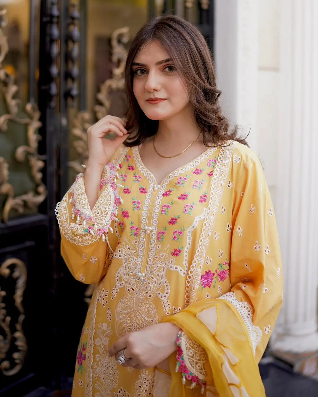 Women Embroidered Luxury Mustard  Lawn Shirt