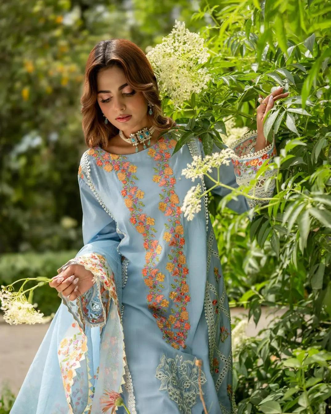 A traditional blue embroidered luxury Lawn 2pc stitched suit- Online Dubai