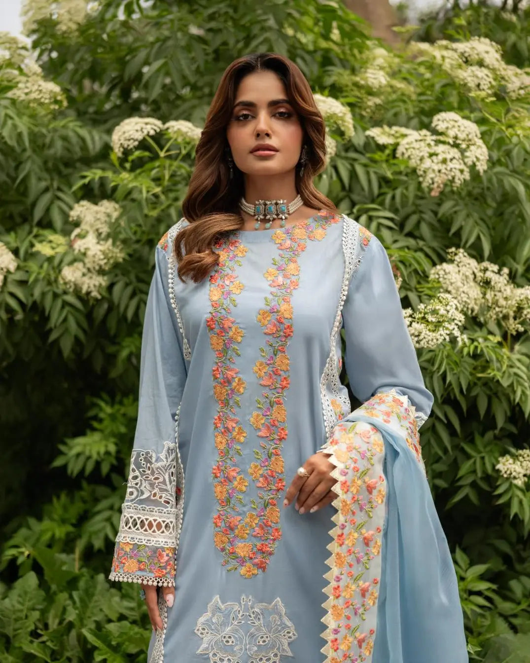 A traditional blue embroidered luxury Lawn 2pc Women PRET-Online Dubai