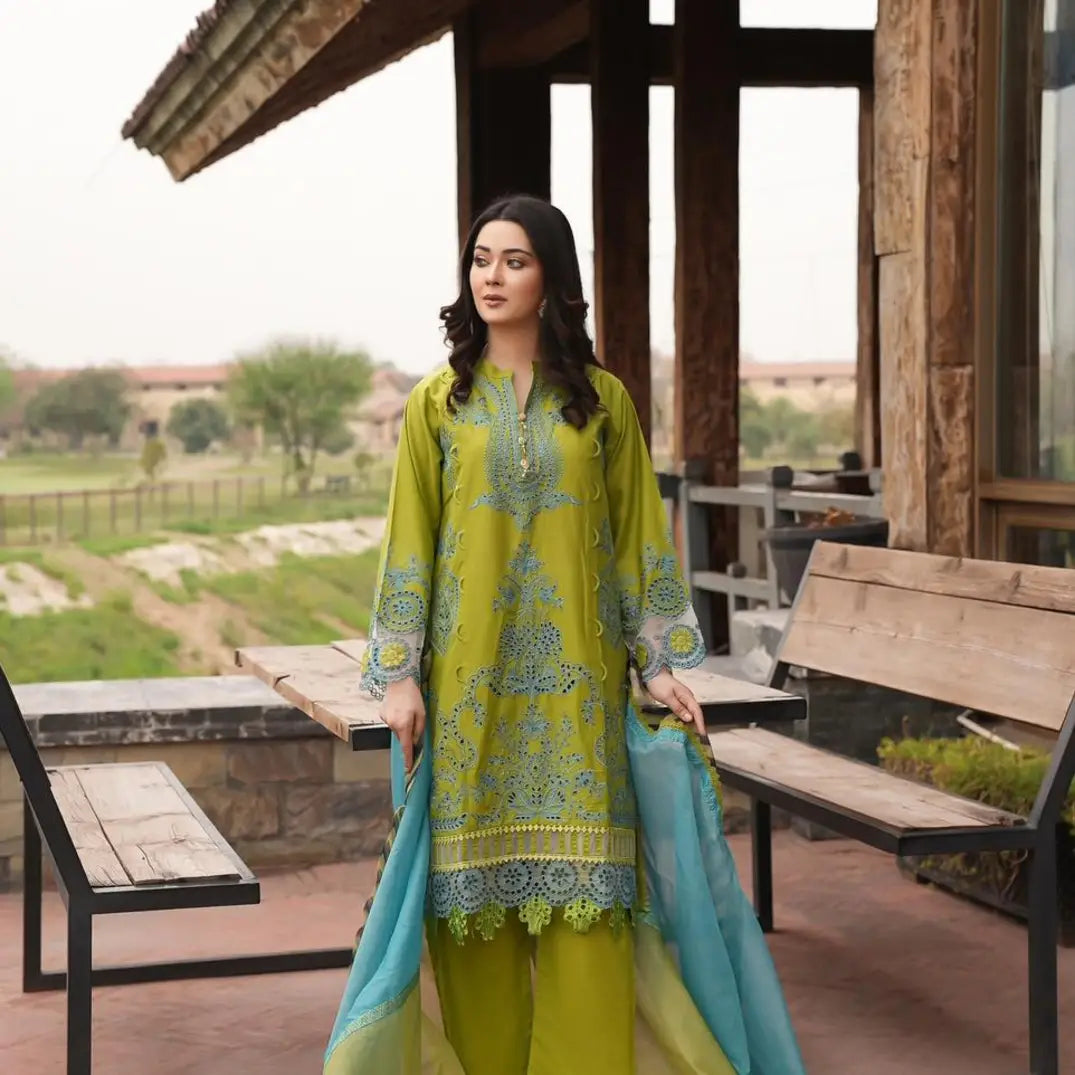 Stitched Embroidered green and blue luxury lawn suit for women- Khaas Trends dubai