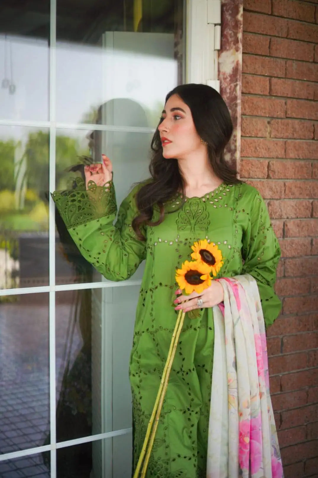 Embroidered Green Lawn Stitched Shirt  with boring work