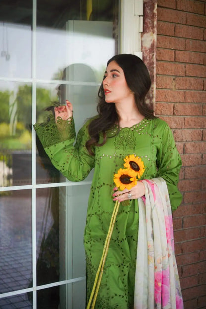 Embroidered Green Lawn Stitched Shirt  with boring work