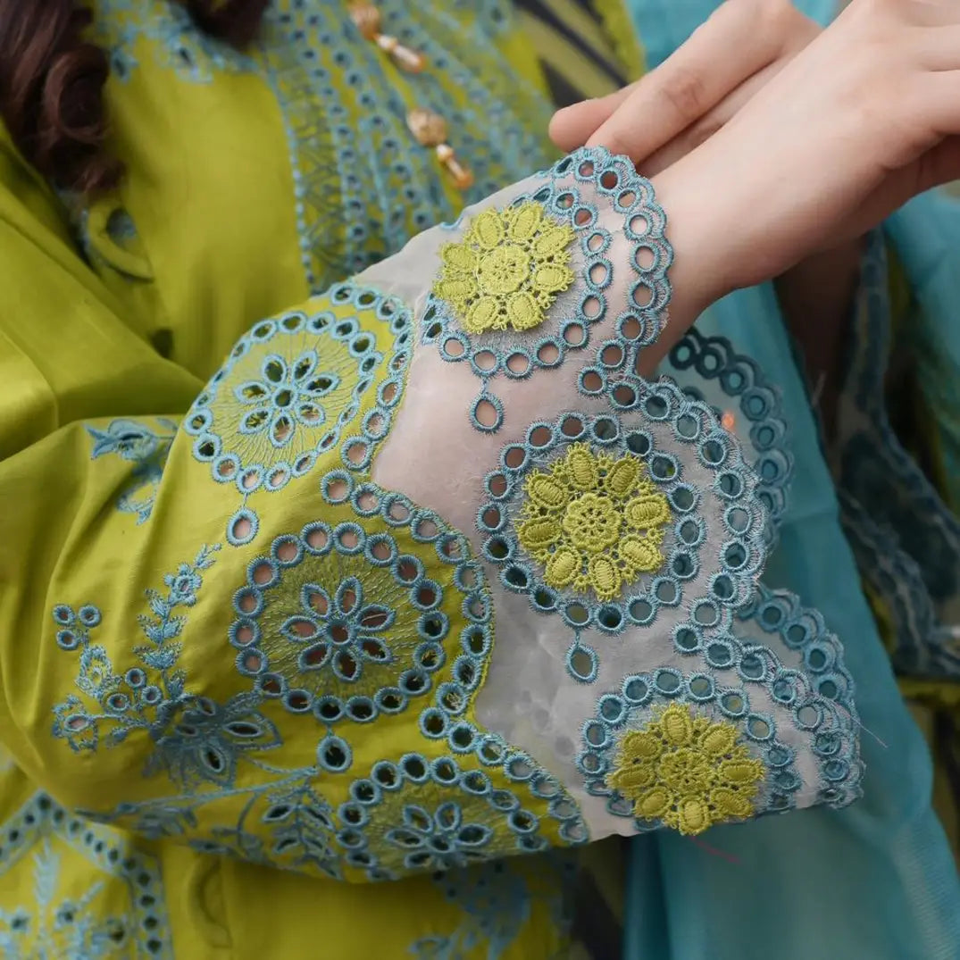 Stitched Embroidered green and blue luxury lawn suit for women