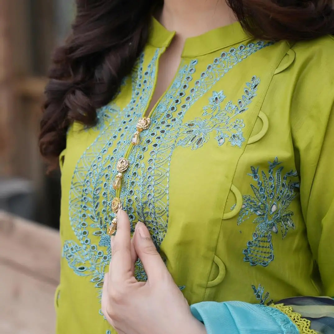 Stitched Embroidered green and blue luxury lawn shirt neckline for women