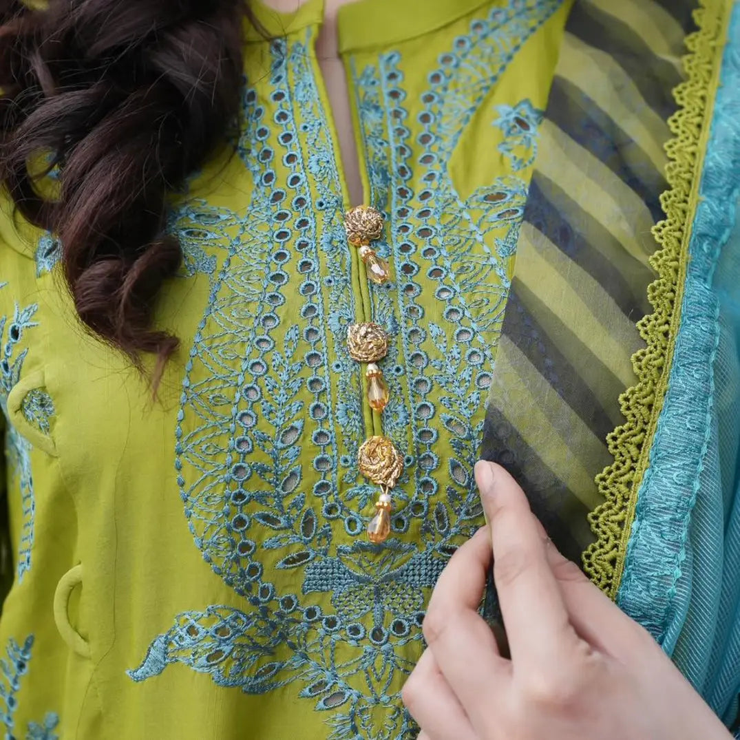Stitched Embroidered green and blue luxury lawn shirt neckline with tassels for women
