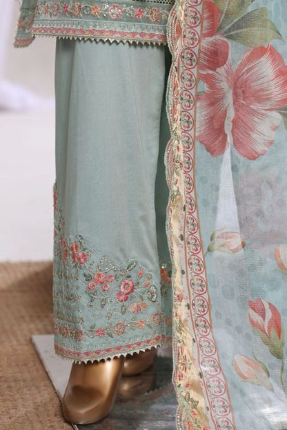 Bin Saeed Light Sea Green jacquard 3pc -Trousers embroidery close-up detail