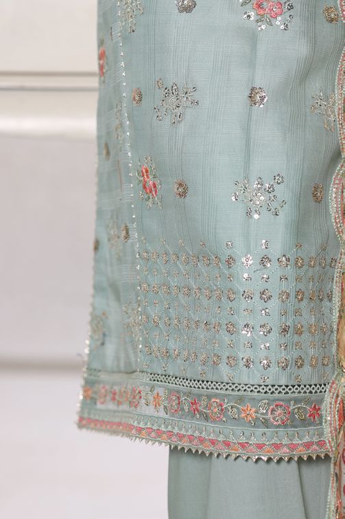 Bin Saeed Light Sea Green jacquard 3pc - Daman embroidery close-up detail 