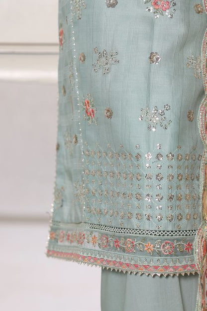Bin Saeed Light Sea Green jacquard 3pc - Daman embroidery close-up detail 