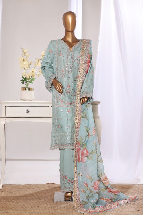 Bin Saeed Light Sea Green luxury embroidered jacquard 3pc suit - front view