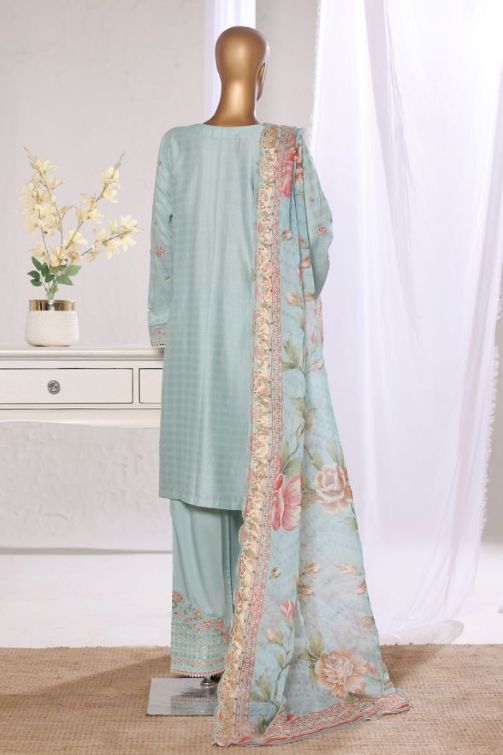Bin Saeed Light Sea Green luxury embroidered jacquard 3pc suit - Back view