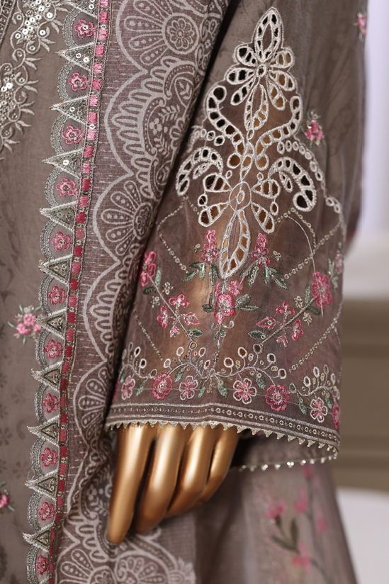 Bin Saeed Brown jacquard 3pc - sleeve embroidery close-up detail