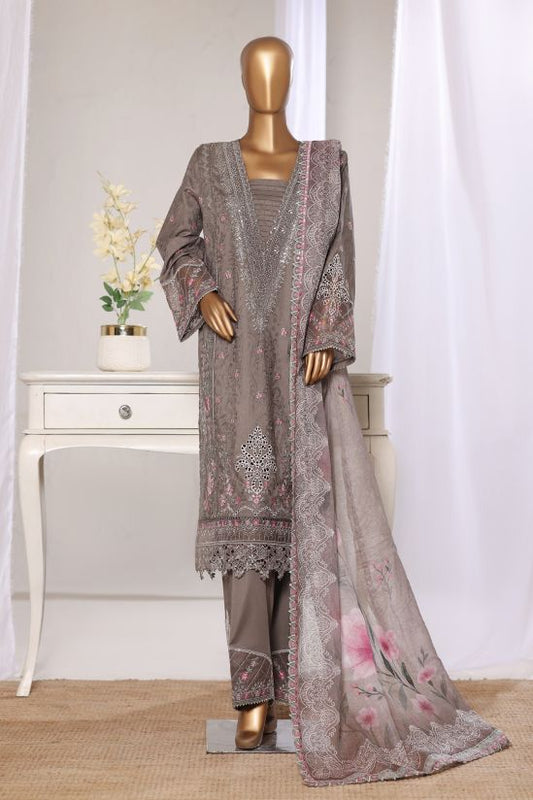 Bin Saeed brown luxury embroidered jacquard 3pc suit - front view