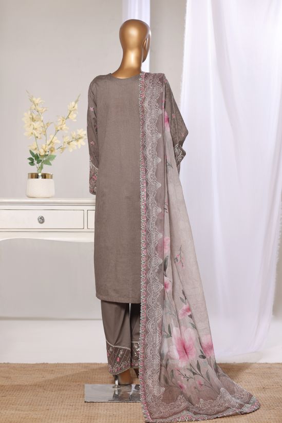 Bin Saeed brown luxury embroidered jacquard 3pc suit - back view