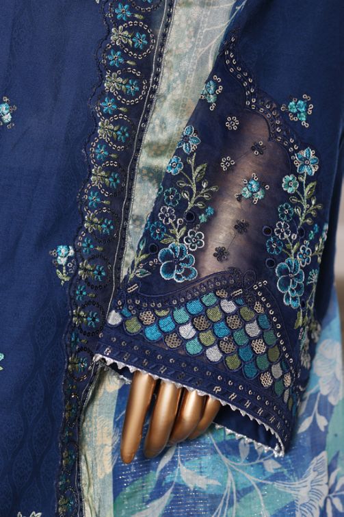 Bin Saeed blue jacquard 3pc - sleeve embroidery close-up detail