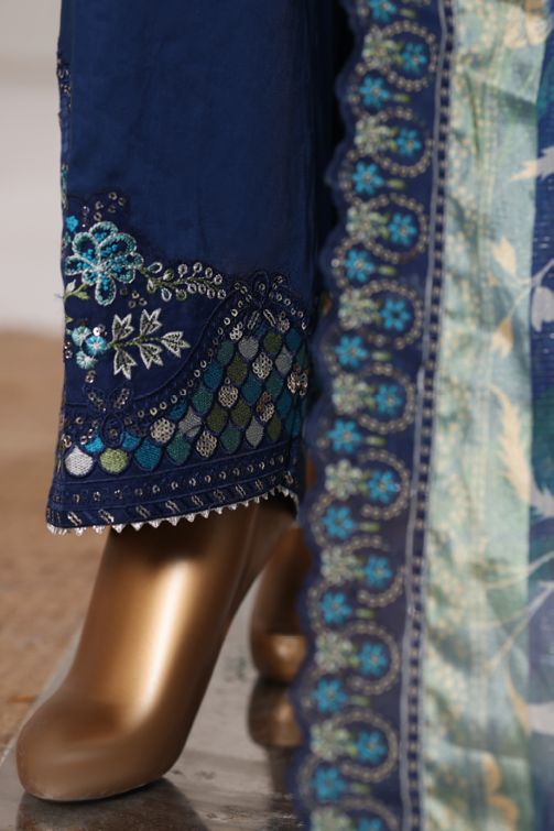 Bin Saeed blue jacquard 3pc - embroidery close-up detail of trouser