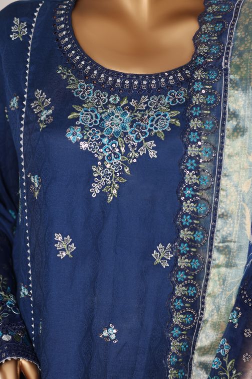 Bin Saeed blue jacquard 3pc - embroidery close-up detail