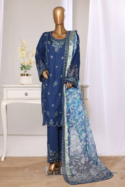 Bin Saeed blue luxury embroidered jacquard 3pc suit - front view