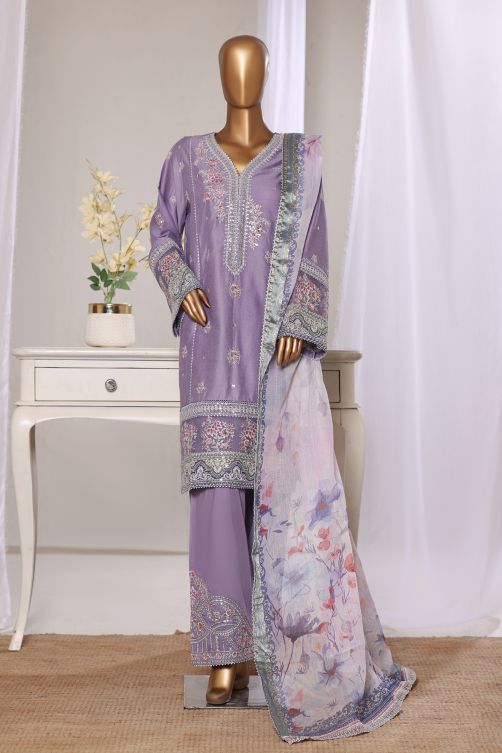 Bin Saeed lilac luxury embroidered jacquard 3pc suit - front view