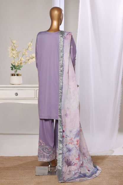Bin Saeed lilac luxury embroidered jacquard 3pc suit - back view
