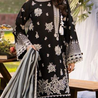 Black lawn stitched suit showing intricate embroidery detail
