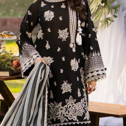 Black lawn stitched suit showing intricate embroidery detail