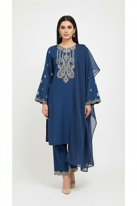 Embroidered Khaddar 3PC suit by Zellbury in blue - traditional Pakistani winter wear with modern pret styling
